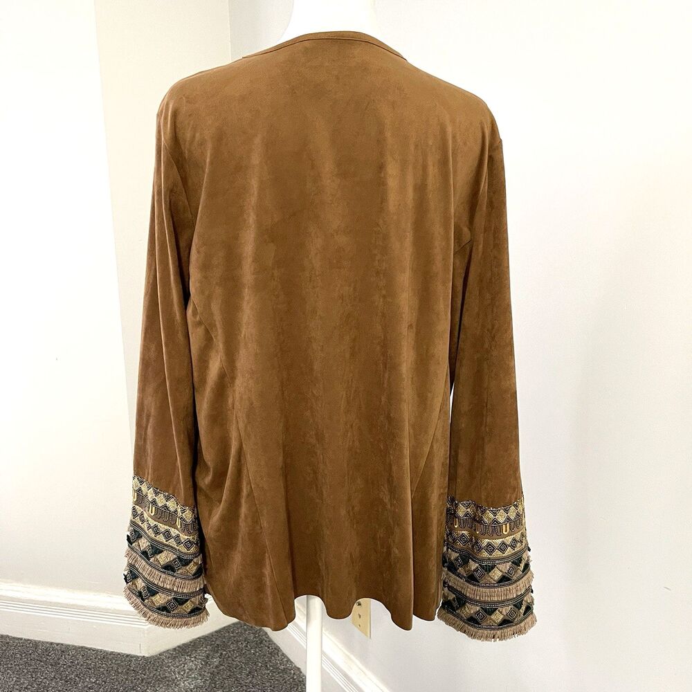 Soft Surroundings Faux Suede Cardigan Womens Large Boho Sequined Fringed Cuffs - Picture 5 of 10
